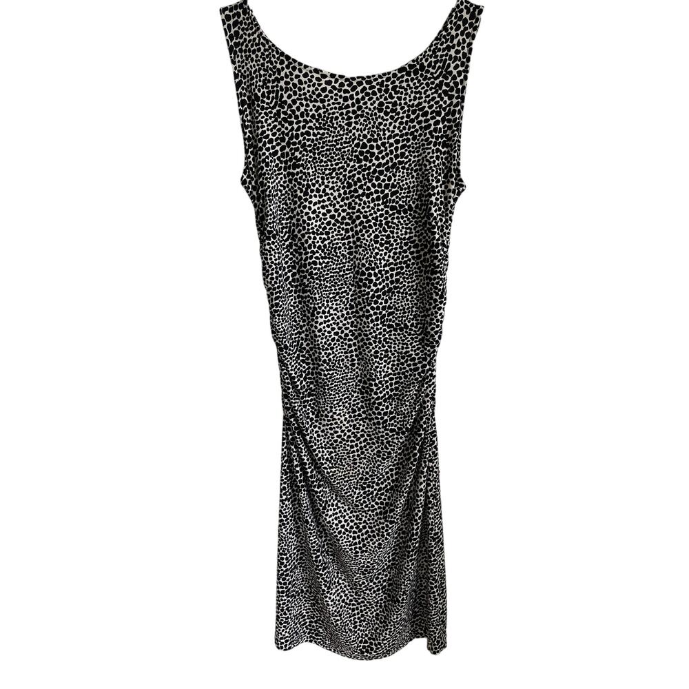Norma Kamali Midi Sheath Dress Sz L Animal Print Ruched Sleeveless Cocktail